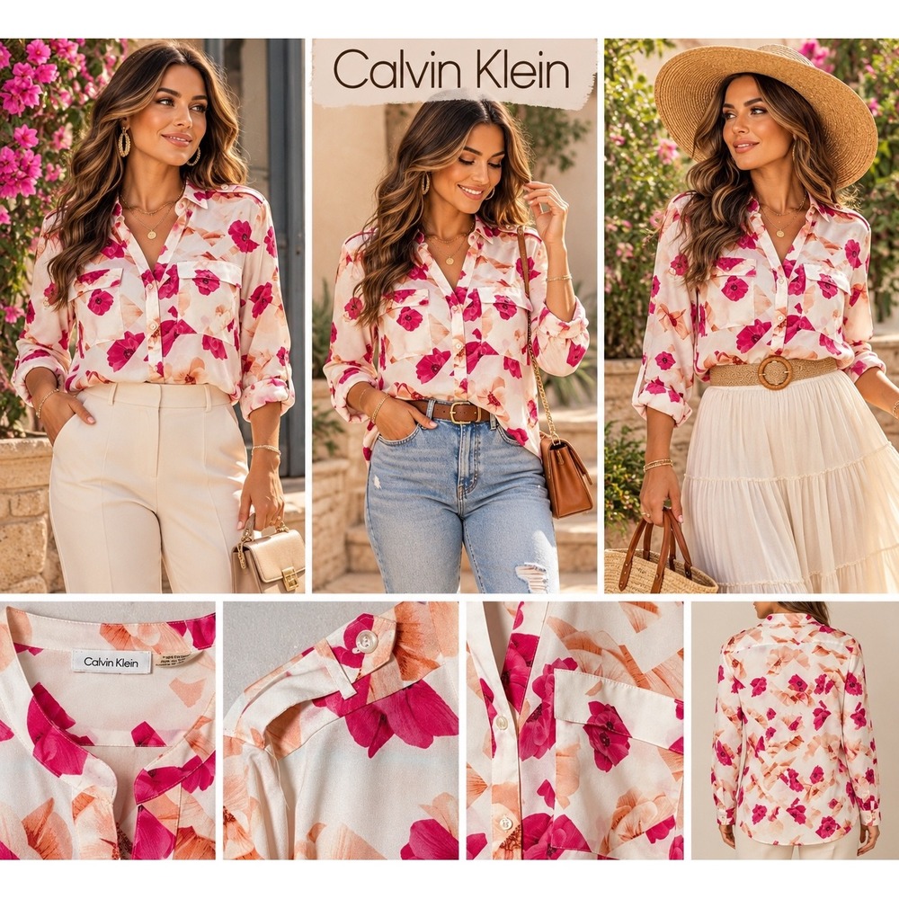 Calvin Klein Women Pink Floral Geometric Roll Tab Sleeve Button Up Blouse L